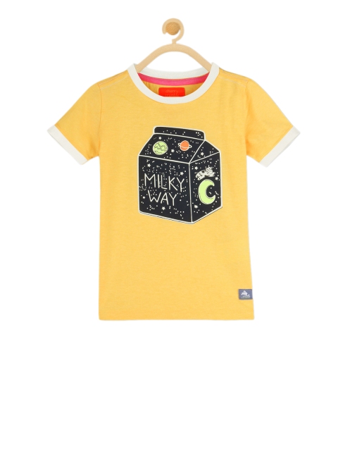 

Cherry Crumble Boys Mustard Printed Round Neck T-shirt