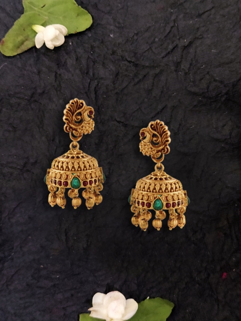 

Rubans Gold-Toned & Green Gold-Plated Dome Shaped Jhumkas