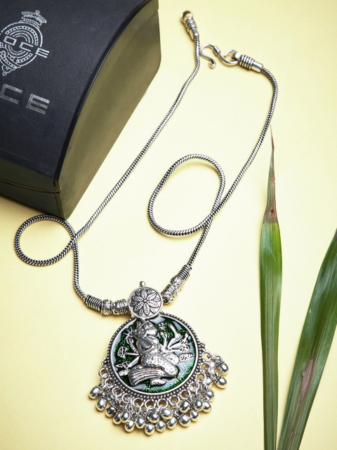 

ZeroKaata Silver-Toned & Green Silver Silver-Plated Oxidised Necklace