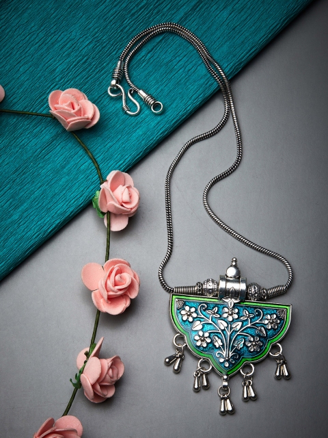 

ZeroKaata Silver-Toned & Teal Silver Silver-Plated Oxidised Necklace