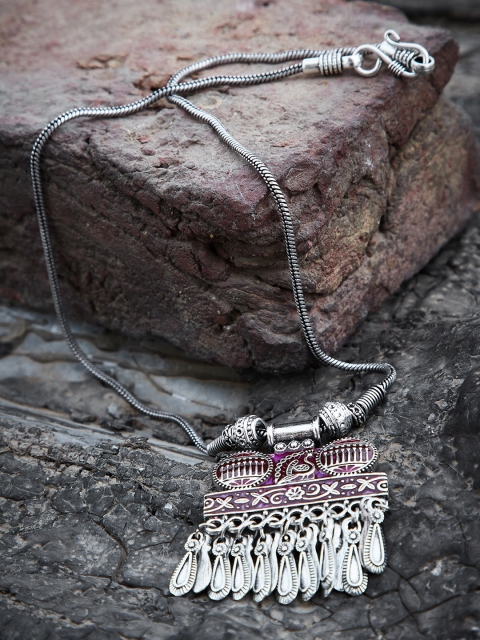 

ZeroKaata Silver-Toned & Purple Silver Silver-Plated Oxidised Necklace