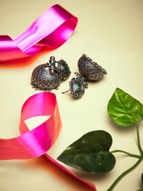 

ZeroKaata Silver-Toned Dome Shaped Handcrafted Jhumkas