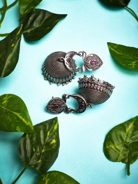 

ZeroKaata Silver-Toned Dome Shaped Jhumka Earrings