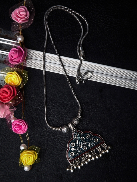 

ZeroKaata Silver-Toned & Teal Silver Silver-Plated Oxidised Necklace