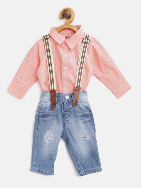 

Gini and Jony Boys Peach-Coloured & Blue Printed Shirt with Jeans
