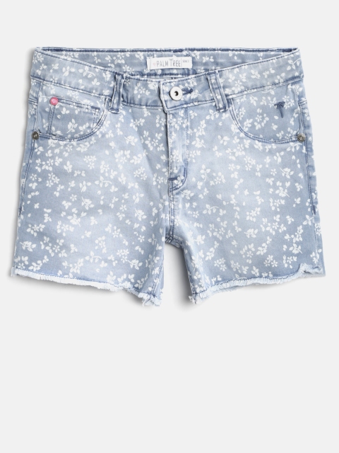 

Palm Tree Girls Blue & White Printed Regular Fit Denim Shorts