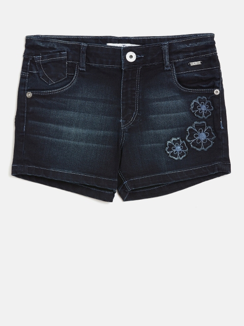 

Palm Tree Girls Navy Blue Washed Regular Fit Denim Shorts