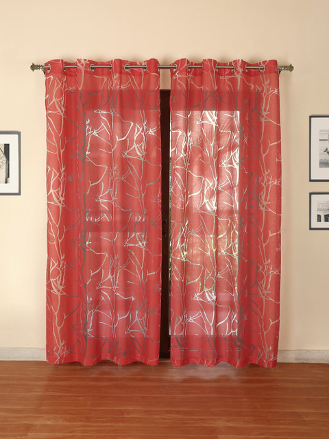 

ROSARA HOME Red Set of 2 Printed Sheer Door Curtains