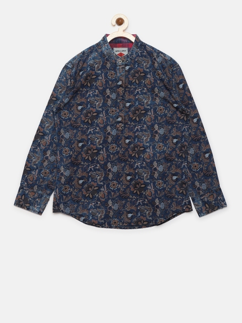 

Gini and Jony Boys Navy & Rust Orange Regular Fit Printed Chambray Shirt, Navy blue