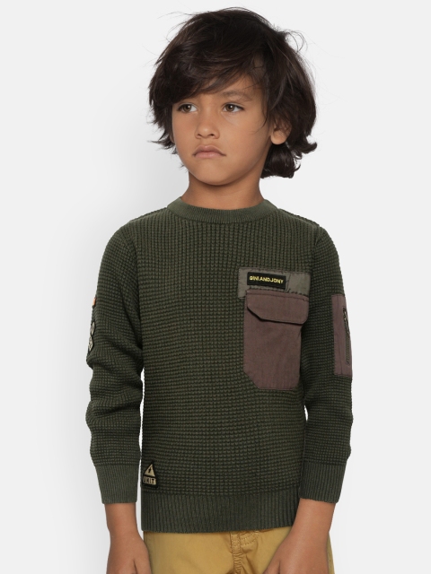 

Gini and Jony Boys Olive Green Self Design Sweater