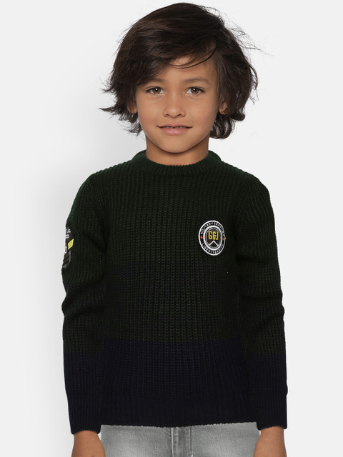 

Gini and Jony Boys Green & Navy Blue Colourblocked Ribbed Pullover