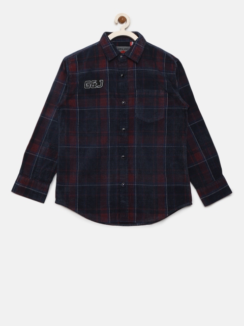 

Gini and Jony Boys Navy & Maroon Regular Fit Checked Corduroy Shirt, Navy blue