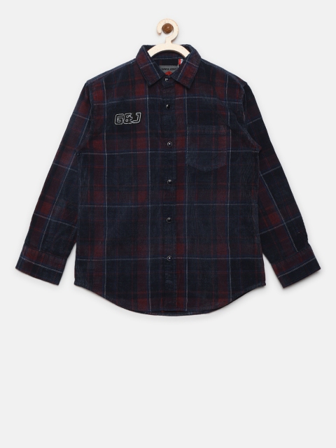 

Gini and Jony Boys Navy & Maroon Regular Fit Checked Corduroy Shirt, Navy blue