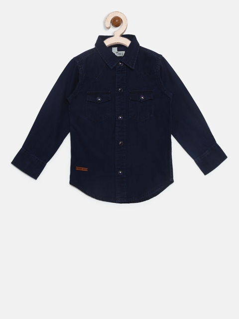 

Palm Tree Boys Navy Blue Slim Fit Solid Denim Casual Shirt