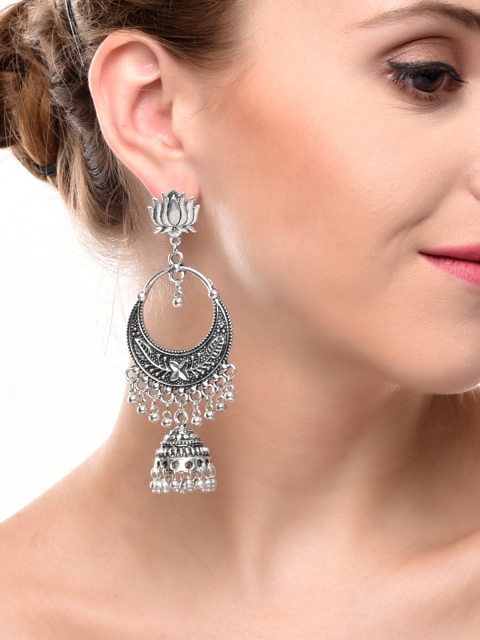 

Mali Fionna Silver-Toned Crescent Shaped Handcrafted Jhumkas