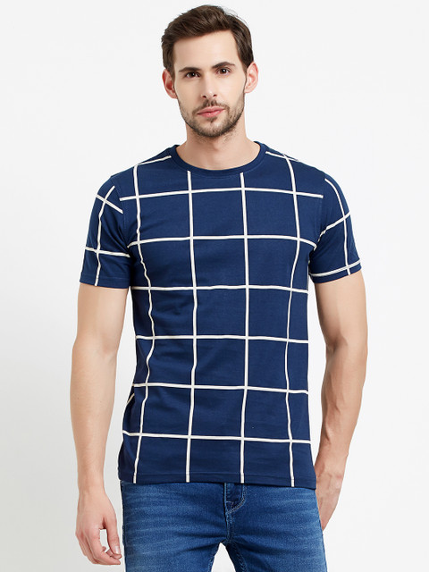 

Maniac Men Navy Blue & White Checked Round Neck T-shirt