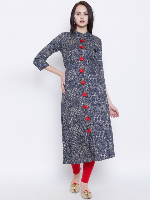 

Tissu Women Navy Blue Printed A-Line Kurta