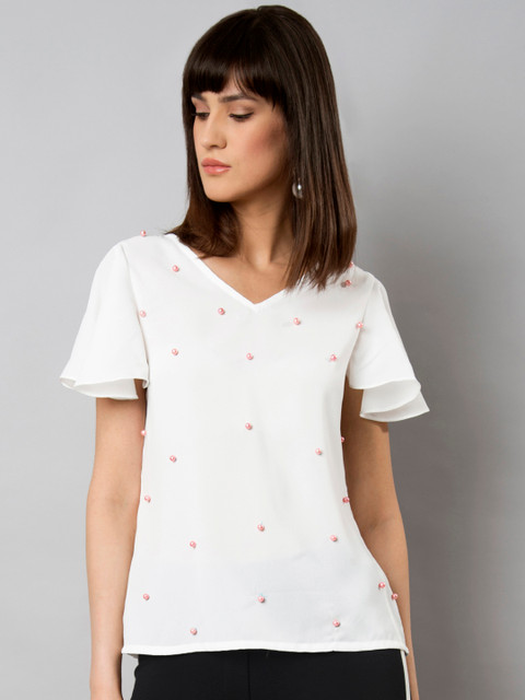 

FabAlley Women White Embellished Styled Back Top
