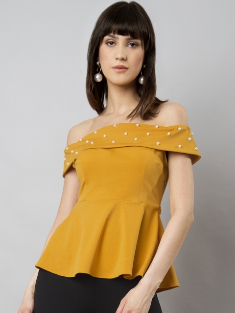 

FabAlley Women Mustard Embellished Bardot Top