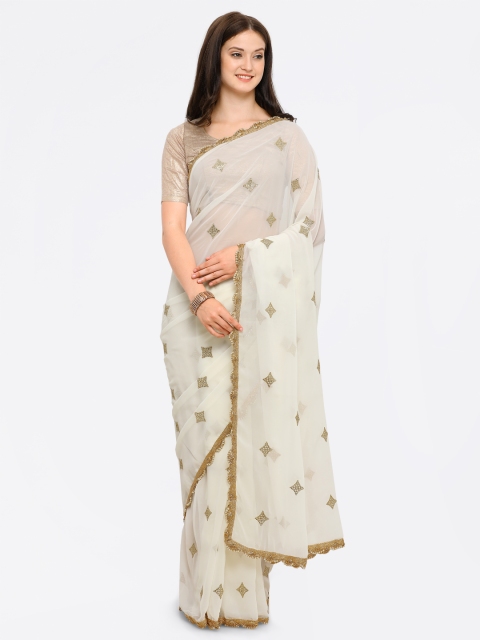 

Sugathari White Embellished Poly Georgette Saree