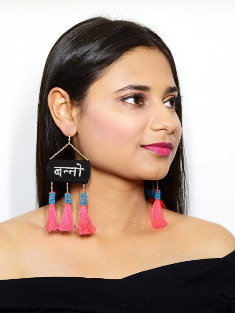 

Krafted with Happiness Black & Pink Handcrafted Tasselled Quirky Drop Earrings
