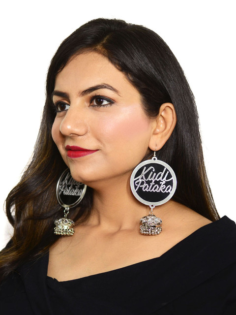 

Krafted with Happiness Silver-Toned & Black Dome Shaped Handcrafted Jhumkas