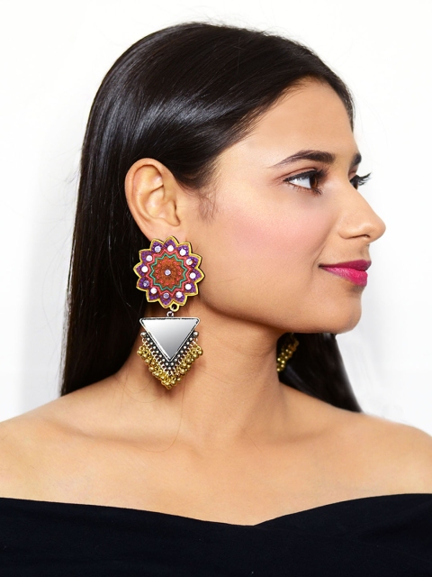 

Krafted with Happiness Multicoloured & Silver-Toned Triangular Drop Earrings, Multi
