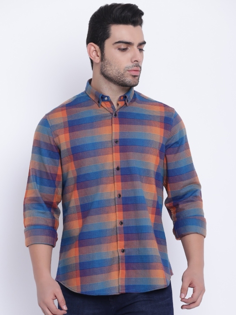 

Blackberrys Men Blue & Orange Slim Fit Checked Casual Shirt