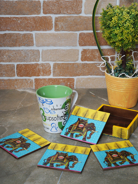 

RANGRAGE Blue Set of 4 Wooden Coasters with Stand