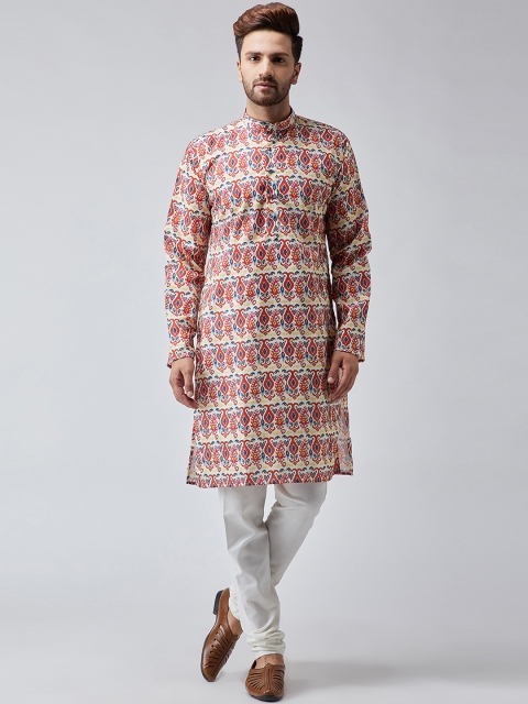 

SOJANYA Men Off-White & Red Printed Straight Kurta