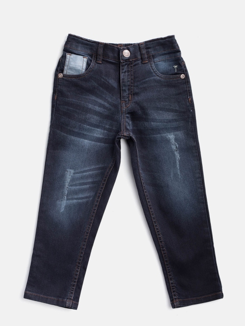 

Palm Tree Boys Navy Regular Fit Mid-Rise Low Distress Stretchable Jeans, Navy blue