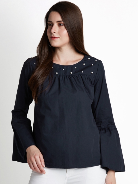 

Annabelle by Pantaloons Women Navy Blue Embellished A-Line Pure Cotton Top