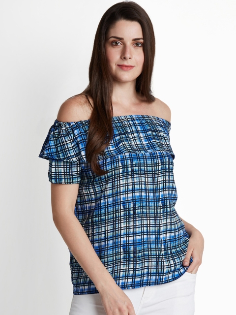 

Annabelle by Pantaloons Women Navy Blue Checked Bardot Top