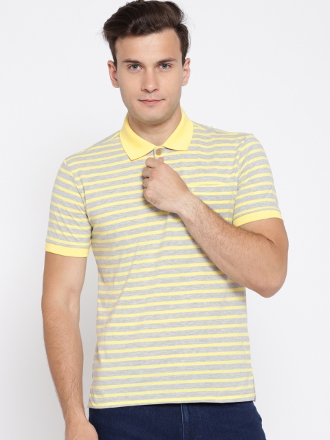 

John Players Men Grey Melange & Yellow Striped Polo Collar T-shirt