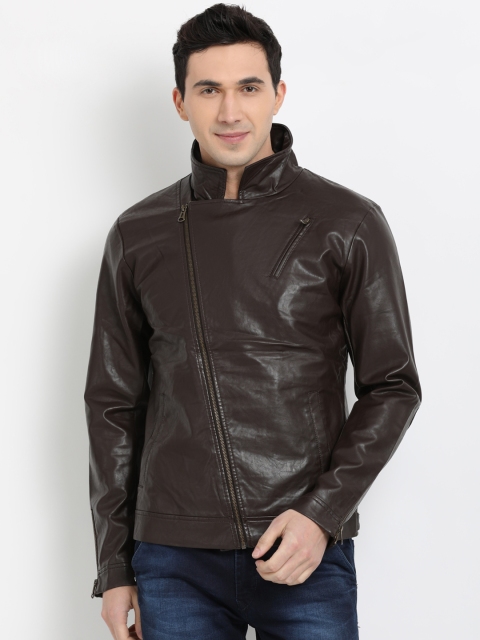 

t-base Men Brown Solid Faux Leather Jacket