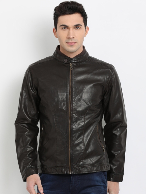 

t-base Men Brown Solid Faux Leather Jacket