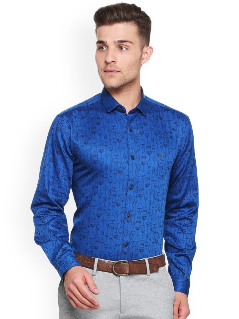 

V Dot Men Blue Slim Fit Printed Formal Shirt
