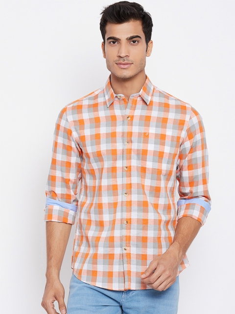 

John Players Men Orange & Grey Trim Fit Checked Casual Shirt