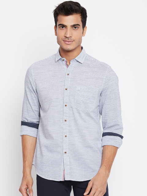 

John Players Men White & Navy Blue Trim Fit Striped Casual Shirt