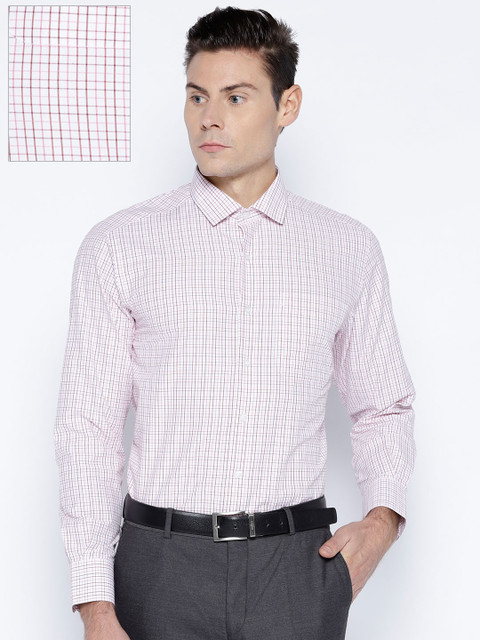 

John Players Men White & Pink Regular Fit Checked Formal Shirt