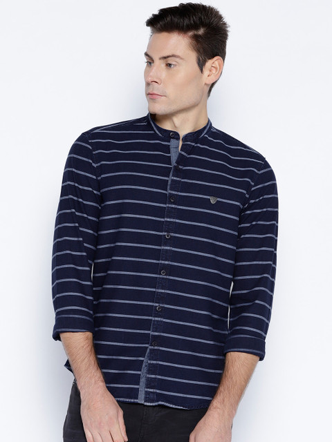 

John Players Men Navy Blue & Grey Trim Fit Striped Casual Shirt