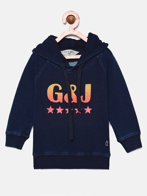 

Gini and Jony Girls Blue Printed Hooded Sweatshirt
