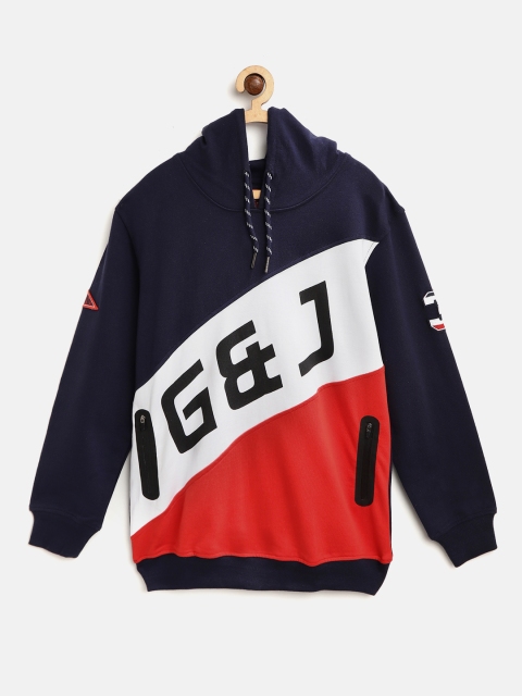 

Gini and Jony Boys Navy Blue & White Colourblocked Hooded Sweatshirt with Printed Detail
