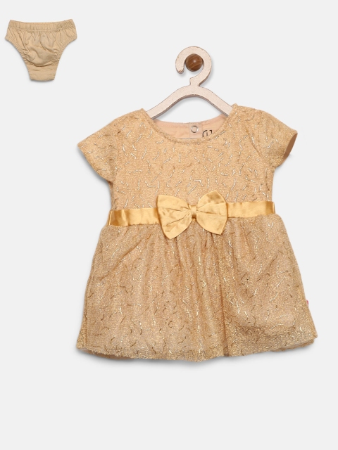 

Gini and Jony Girls Beige & Golden Self Design Fit & Flare Dress