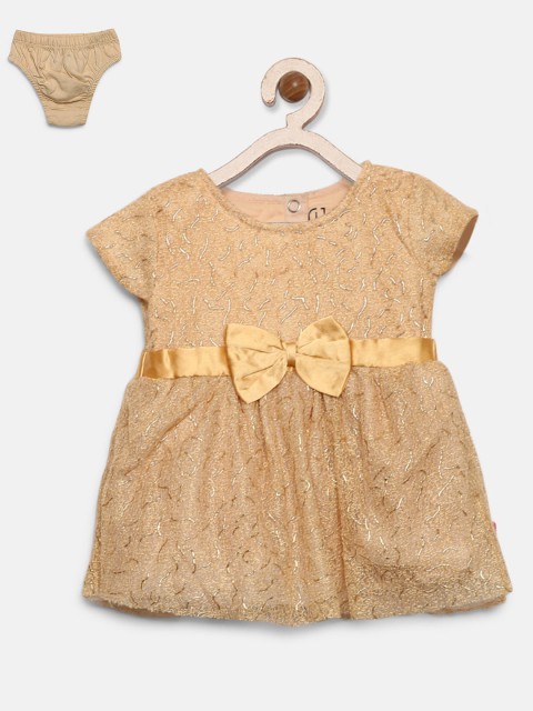 

Gini and Jony Girls Beige & Golden Self Design Fit & Flare Dress