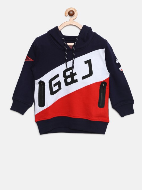

Gini and Jony Boys Navy Blue & Red Colourblocked Hooded Sweatshirt with Printed Detail