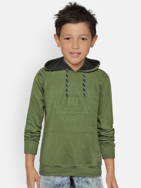 

Gini and Jony Boys Olive Green Printed Hooded Sweatshirt