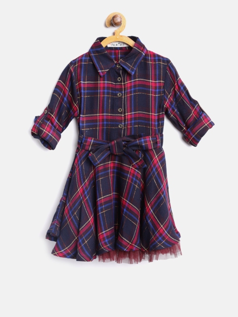 

Palm Tree Girls Navy Blue & Pink Layered Checked Fit & Flare Dress