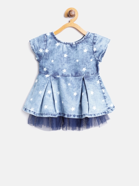 

Palm Tree Girls Blue & White Layered Printed Denim Fit & Flare Dress