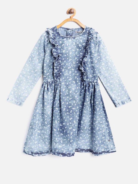 

Palm Tree Girls Blue & White Printed Denim A-Line Dress